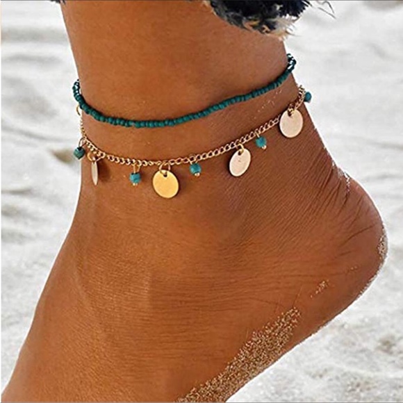 💸FINAL PRICE DROP🌺NWT 2pc Gold Disc & Turquoise Beaded Boho Anklet🌺 - Picture 10 of 12
